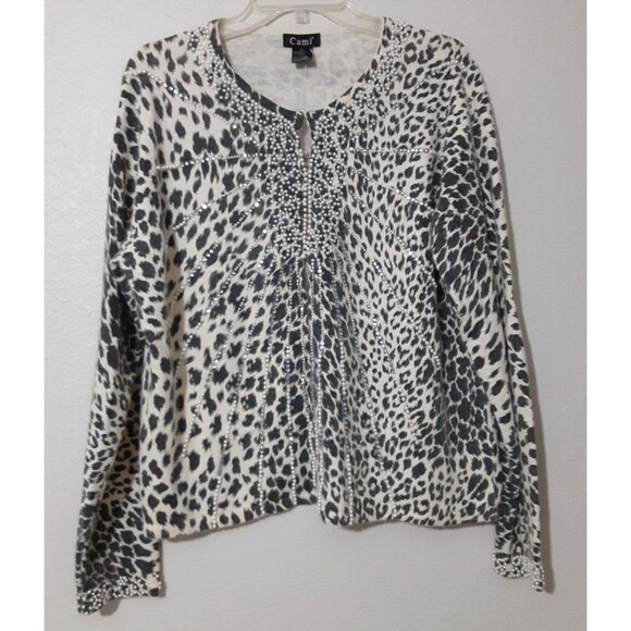 Cami Angora XL Gray Ivory Animal Print Pearl Rhinestone Cardigan Sweater Lg SLV - Picture 1 of 11